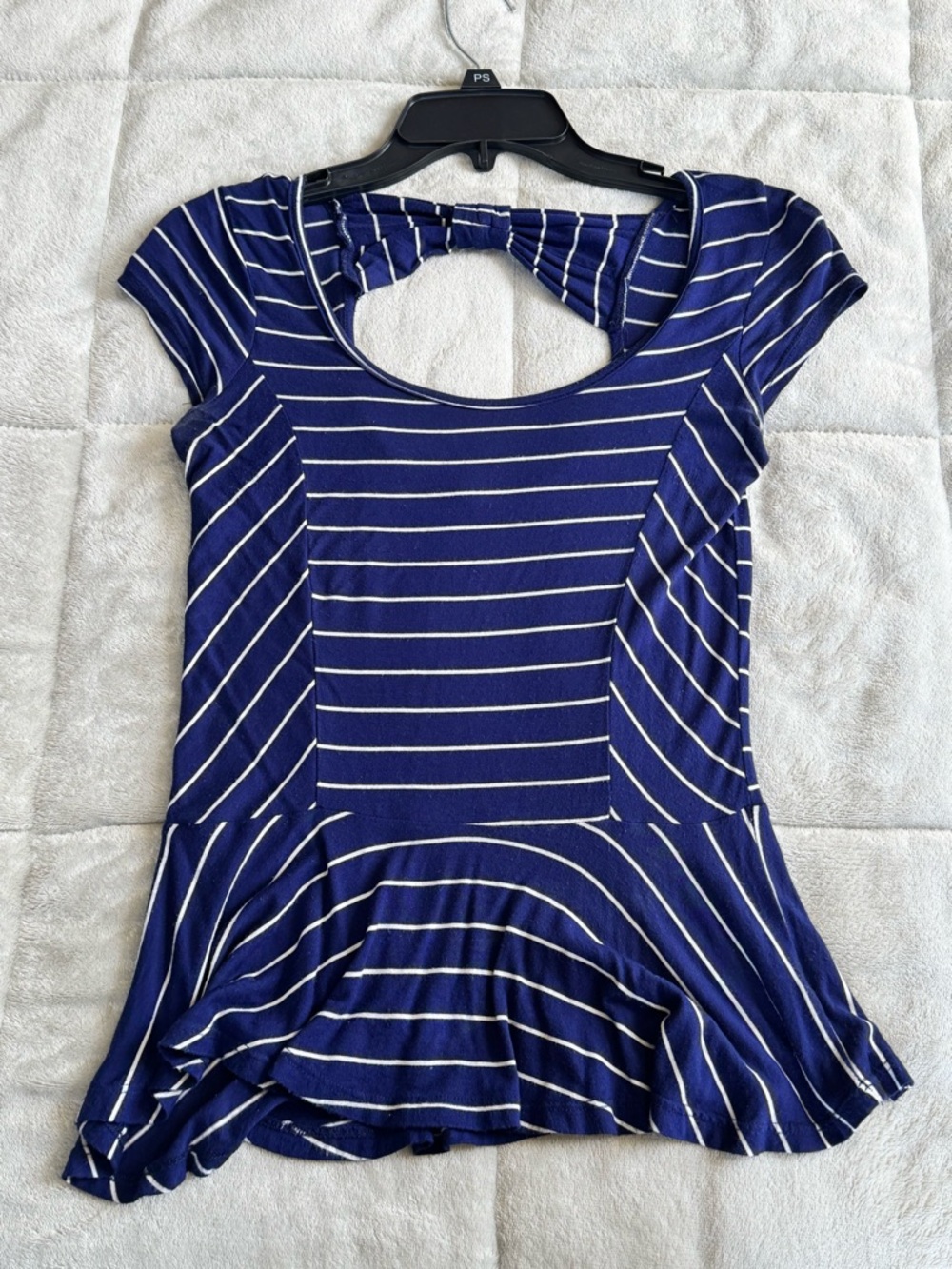 paper tee Navy and White Striped Bow-Back Peplum Top